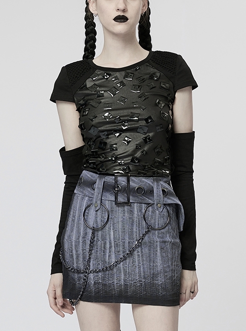 Black Laminated Paneled Stretch-Knit Punk-Inspired Detachable Sleeve T-Shirt