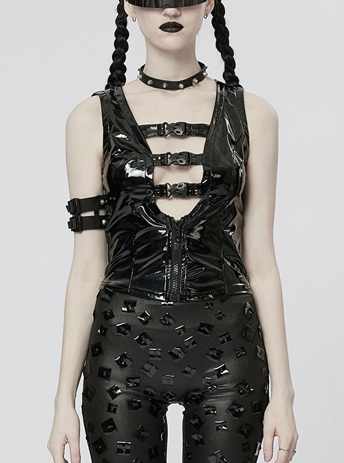 Slim Fit Patent Leather Cutout Grimace Button Black Sexy Punk Vest