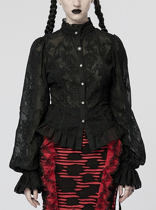 Stand Collar Trumpet Sleeve Waist Webbing Adjustable Size Black Gothic Chiffon Embroidered Perspective Blouse