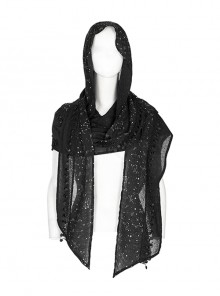 Silver And Black Constellation Tassel Gothic Star Print Hooded Scarf