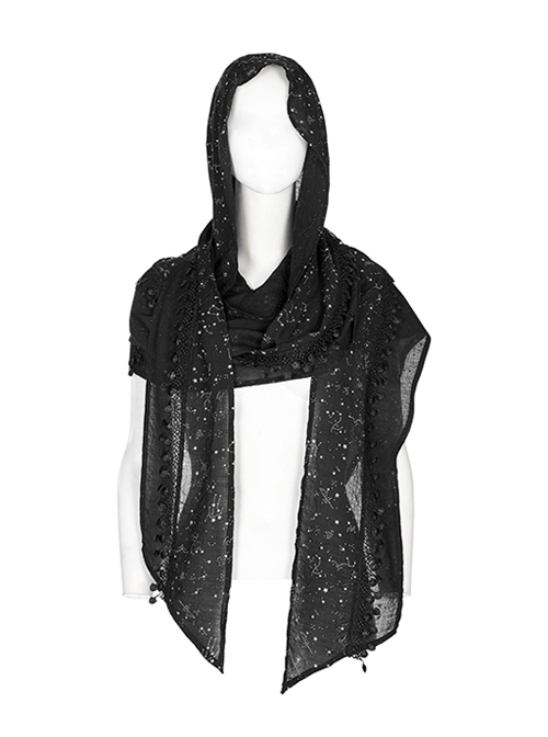 Silver And Black Constellation Tassel Gothic Star Print Hooded Scarf