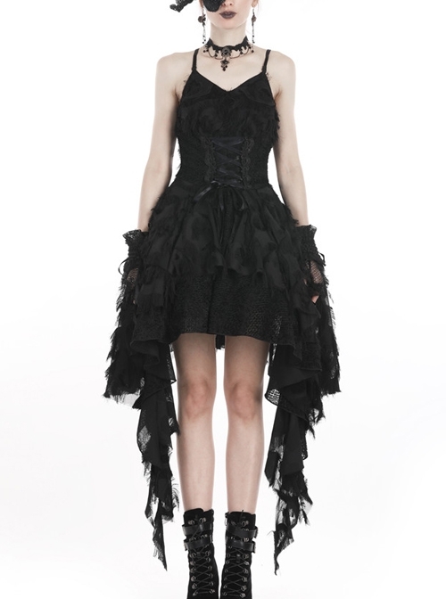 Black Lace Feather Side Long Hem Sling Gothic Dress