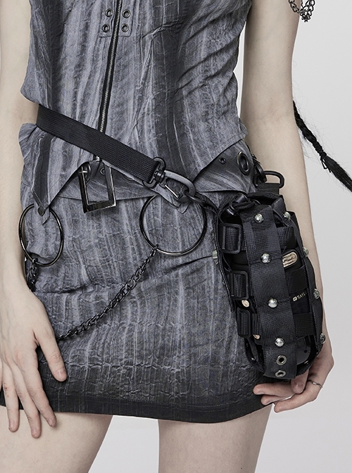 Adjustable Hardened Nylon Webbing Metal Rivets Black Punk Water Bottle Bag