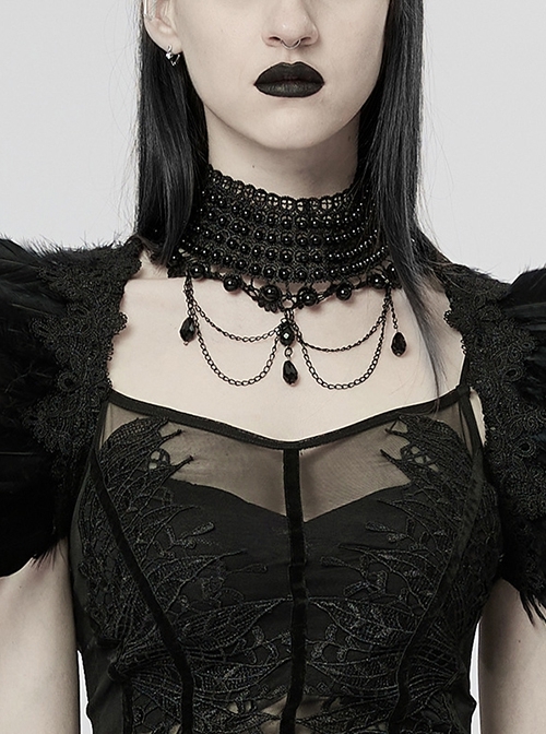 Exquisite Hollow Lace With Black Pearl Double Row Metal Tail Clip Adjustable Size Black Gothic Gorgeous Pearl Choker