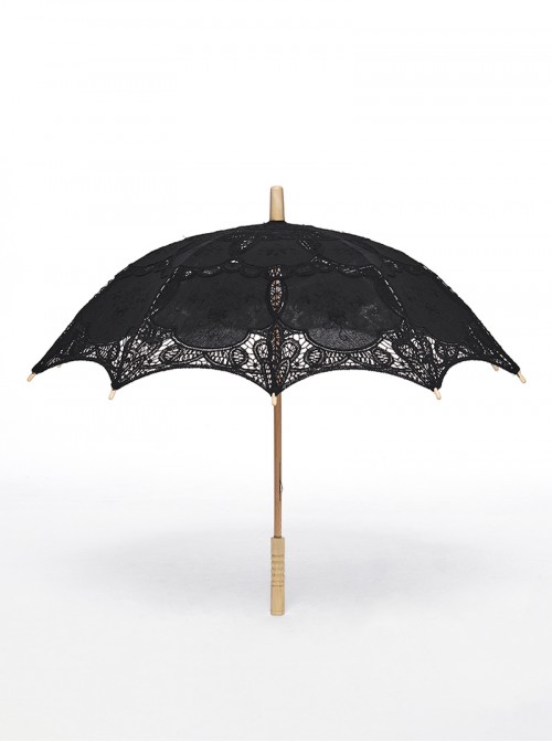 Hollow Thin And Delicate Embroidered Umbrella Frame Wooden Alloy Umbrella Bone Black Gothic Cotton Lace Umbrella
