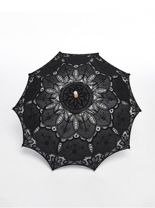 Hollow Thin And Delicate Embroidered Umbrella Frame Wooden Alloy Umbrella Bone Black Gothic Cotton Lace Umbrella