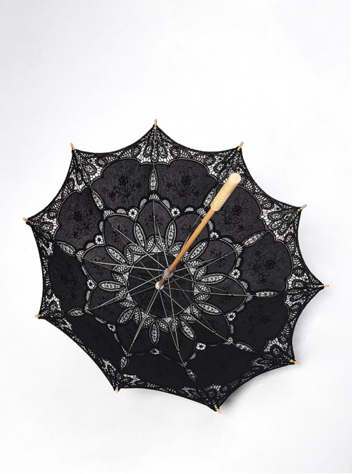 Hollow Thin And Delicate Embroidered Umbrella Frame Wooden Alloy Umbrella Bone Black Gothic Cotton Lace Umbrella
