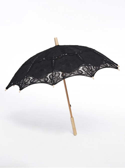 Hollow Thin And Delicate Embroidered Umbrella Frame Wooden Alloy Umbrella Bone Black Gothic Cotton Lace Umbrella