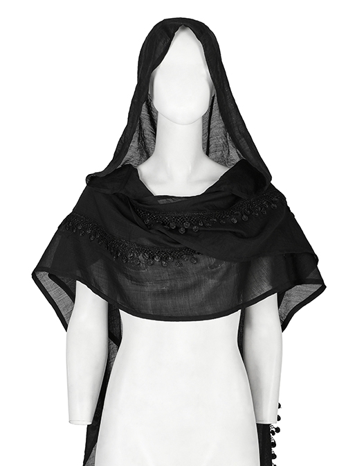 Black Sheer Weave Hooded Fringed Lace Gothic Scarf