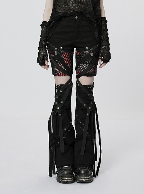 Creative Two-Wear Irregular Twill Stretch Fabric Stitching Rhombus Mesh Black Red Punk Flared Split Trousers