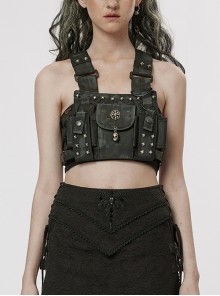 Black Studded Waist Shoulder Adjustable Length Black Rigid Nylon Punk The Post-Apocalyptic Style Strap Bag