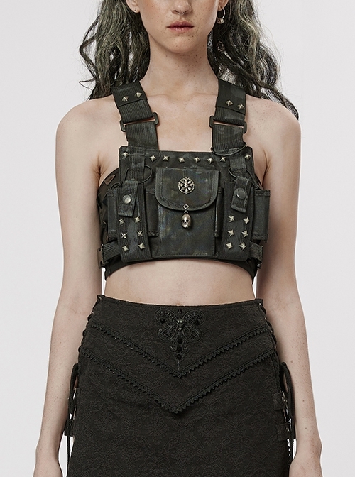 Black Studded Waist Shoulder Adjustable Length Black Rigid Nylon Punk The Post-Apocalyptic Style Strap Bag