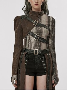 Black Coffee Color Faux Leather Twill Non-Stretch Shoulder Perforated Studs Punk Style Handsome One-Arm Jacket