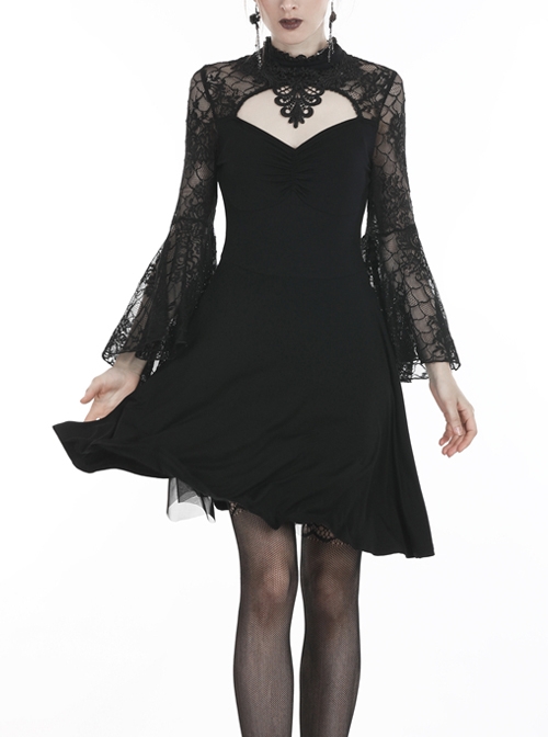 Black Flower Neck Gauze Embroidery Lace Long Sleeves Gothic Dress