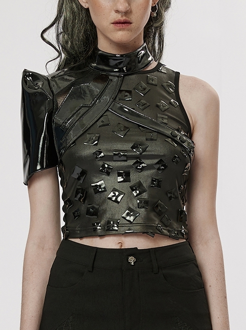 Personalized Black And Bright Patent Leather Splicing Mesh Unique Futuristic Pattern And Four Part Buckle Punk Style Harness