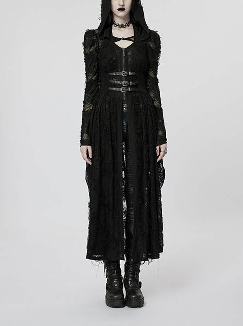 Two Separate Hooded Halterneck Ripped Knit Waist Adjustment Tabs With Black Gothic Knit Jacket