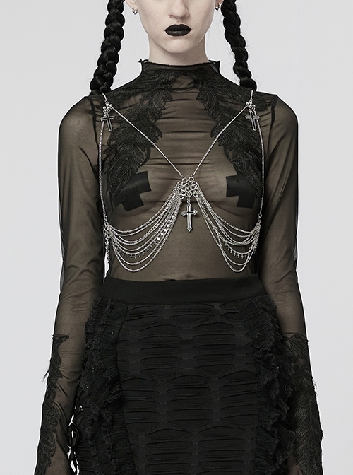 Silver Personality Ghost Head Cross Pendant Features Decorative Lines Outline Curve Back Lobster Buckle Gothic Chain Accessory