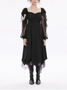 Waist Wide Swing Long Strapless Square Neck Hollow Lace Stitching Square Scarf Black Gothic Dresses