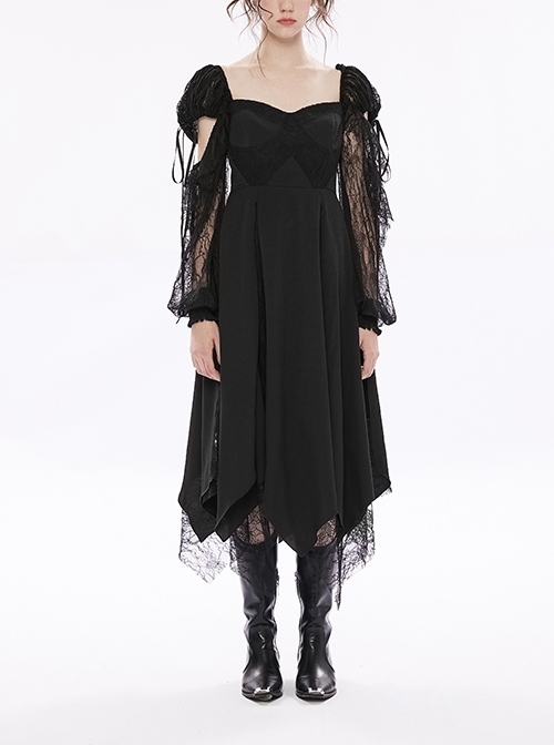 Waist Wide Swing Long Strapless Square Neck Hollow Lace Stitching Square Scarf Black Gothic Dresses