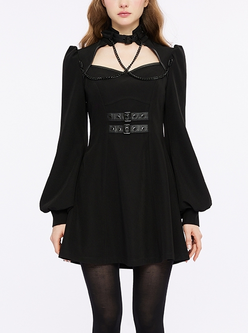 Cross Lobster Buckles Aluminum Chain Lantern Sleeves Adjustable Waist High Neck Black Gothic Dress