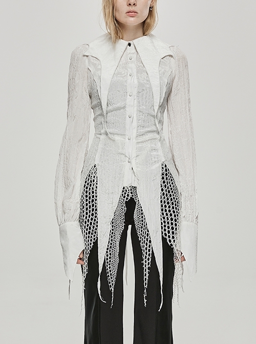 Fitted Waist Back Adjustable Webbing Tie Rope Bat Collar Pointed Hem Stitching Long-Sleeved White Gothic Shirt