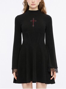 Black Cross Intarsia Draped Gathered Hem Gothic Embroidery Basic Dress
