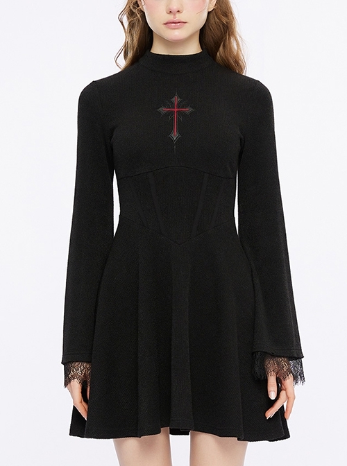 Black Cross Intarsia Draped Gathered Hem Gothic Embroidery Basic Dress