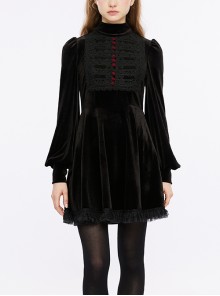 Black Waisted Stand Collar Lantern Sleeve Lace Lace Stitching Mushroom Buckle Decoration Gothic Style Embroidery Dress