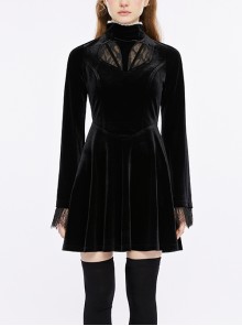 Neckline Cutout Lace Flared Cuffs And Lace Trim Black Gothic Velvet Dress