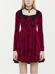 Black And Red Square Collar Waist Contrast Velvet Ribbon Ghost Head Buckle Embellished Gothic Dress