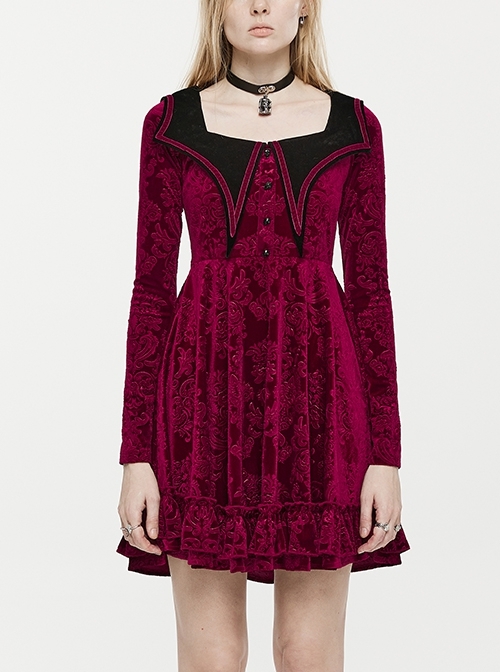 Black And Red Square Collar Waist Contrast Velvet Ribbon Ghost Head Buckle Embellished Gothic Dress
