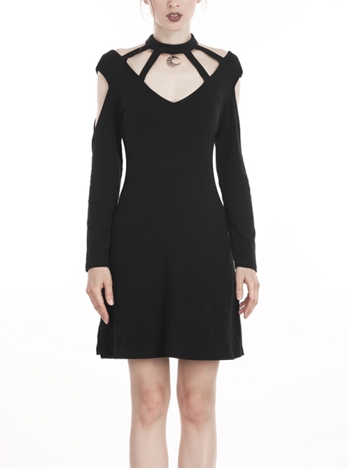 Black Moon Pendant V-Neck Bandage Long Sleeves Daily Wear Punk Dress