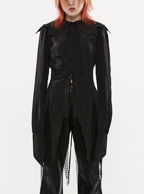 Fitted Waist Back Adjustable Webbing Tie Rope Bat Collar Pointed Hem Stitching Long-Sleeved Black Gothic Shirt