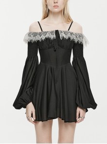 Black Waist One-Shoulder Suspender Court Lace Lace Elastic Elastic Lantern Sleeve Gothic Long-Sleeved Dress