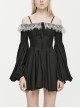 Black Waist One-Shoulder Suspender Court Lace Lace Elastic Elastic Lantern Sleeve Gothic Long-Sleeved Dress