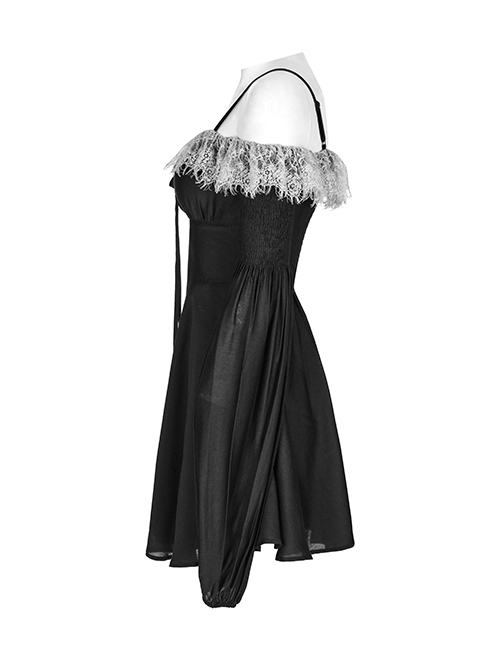 Black Waist One-Shoulder Suspender Court Lace Lace Elastic Elastic Lantern Sleeve Gothic Long-Sleeved Dress