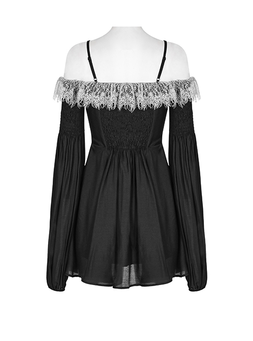 Black Waist One-Shoulder Suspender Court Lace Lace Elastic Elastic Lantern Sleeve Gothic Long-Sleeved Dress