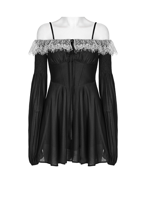 Black Waist One-Shoulder Suspender Court Lace Lace Elastic Elastic Lantern Sleeve Gothic Long-Sleeved Dress