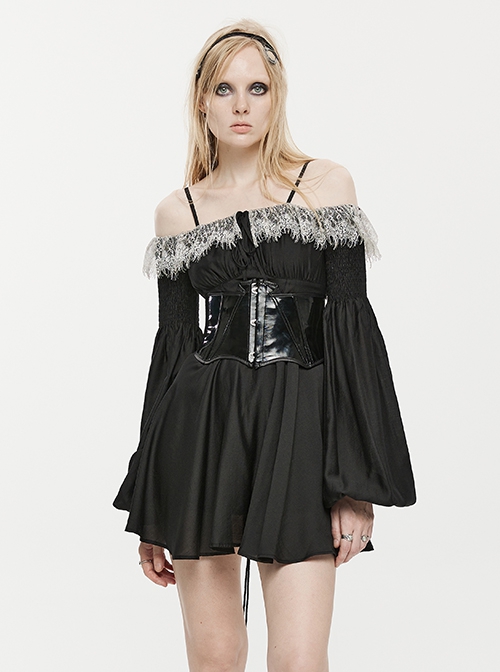 Black Waist One-Shoulder Suspender Court Lace Lace Elastic Elastic Lantern Sleeve Gothic Long-Sleeved Dress