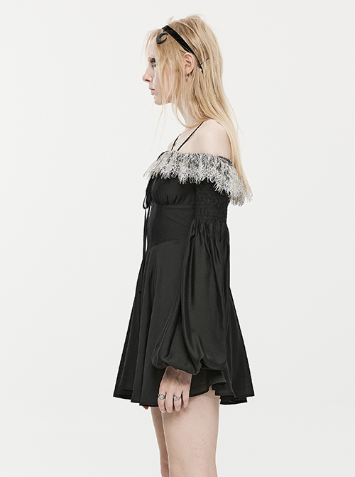 Black Waist One-Shoulder Suspender Court Lace Lace Elastic Elastic Lantern Sleeve Gothic Long-Sleeved Dress