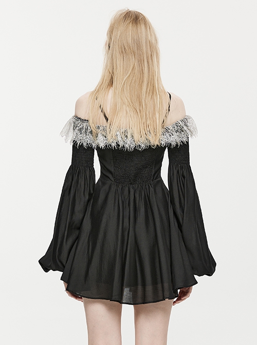 Black Waist One-Shoulder Suspender Court Lace Lace Elastic Elastic Lantern Sleeve Gothic Long-Sleeved Dress