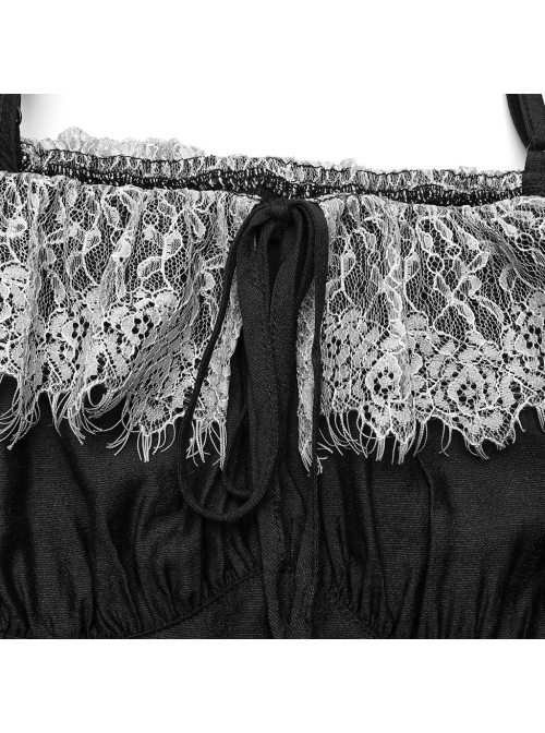 Black Waist One-Shoulder Suspender Court Lace Lace Elastic Elastic Lantern Sleeve Gothic Long-Sleeved Dress