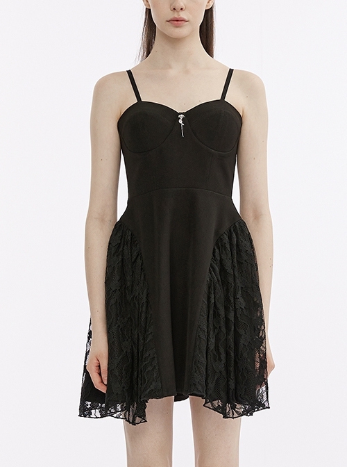 Elastic All-Match Waist Suspenders With Adjustable Shoulder Straps Metal Rose Decoration Mosaic Lace Black Gothic Dress