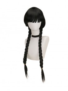 Wednesday Addams Cat Bodysuit Halloween Cosplay Accessories Black Double Ponytails Wig