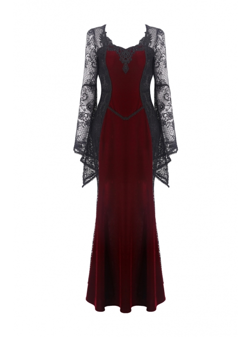 Revisor Slægtsforskning Hobart Black Lace Embroidery Long Sleeves Red Velvet Gothic Dress - Magic Wardrobes