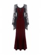Black Lace Embroidery Long Sleeves Red Velvet Gothic Dress