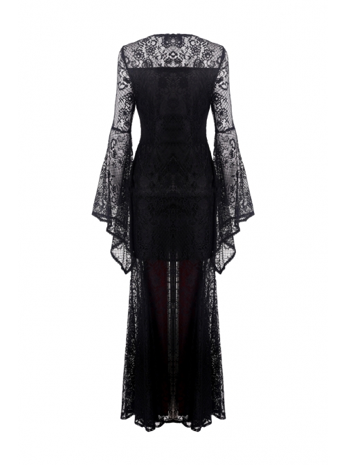 Black Lace Embroidery Long Sleeves Red Velvet Gothic Dress - Magic ...
