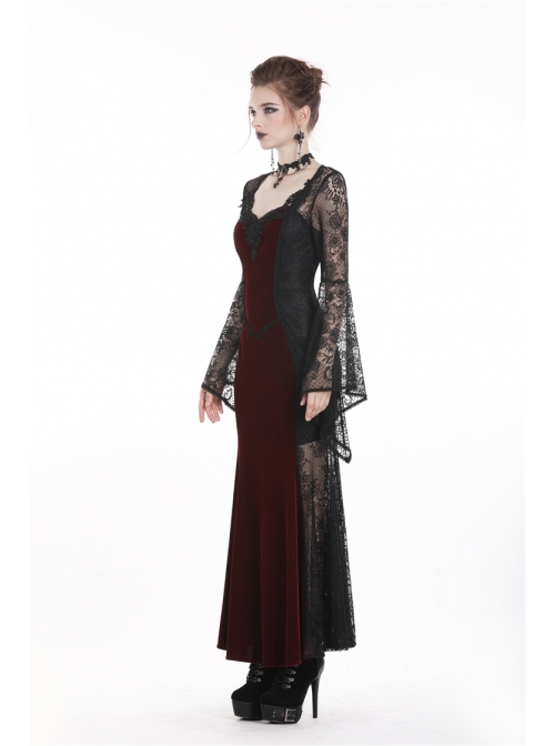 Black Lace Embroidery Long Sleeves Red Velvet Gothic Dress