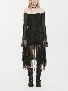 Black Long Elastic One-Shoulder Waist Back Lace Webbing Splicing Fine Mesh Square Scarf Cuff Irregular Gothic Dress