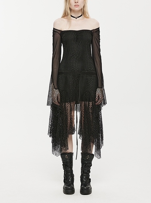 Black Long Elastic One-Shoulder Waist Back Lace Webbing Splicing Fine Mesh Square Scarf Cuff Irregular Gothic Dress